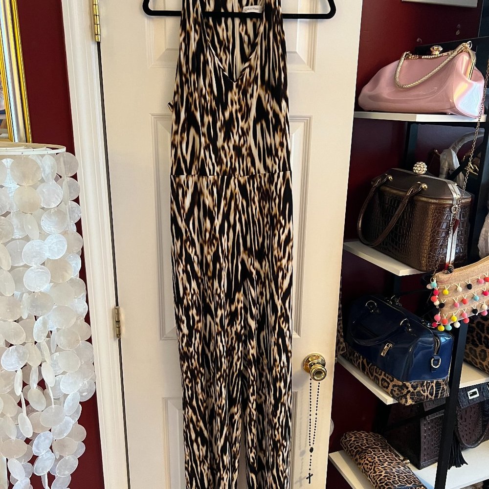 CALVIN KLEIN ONE PIECE SLEEVE LESS PANT SUIT SIZE10 ANIMAL PRINT
